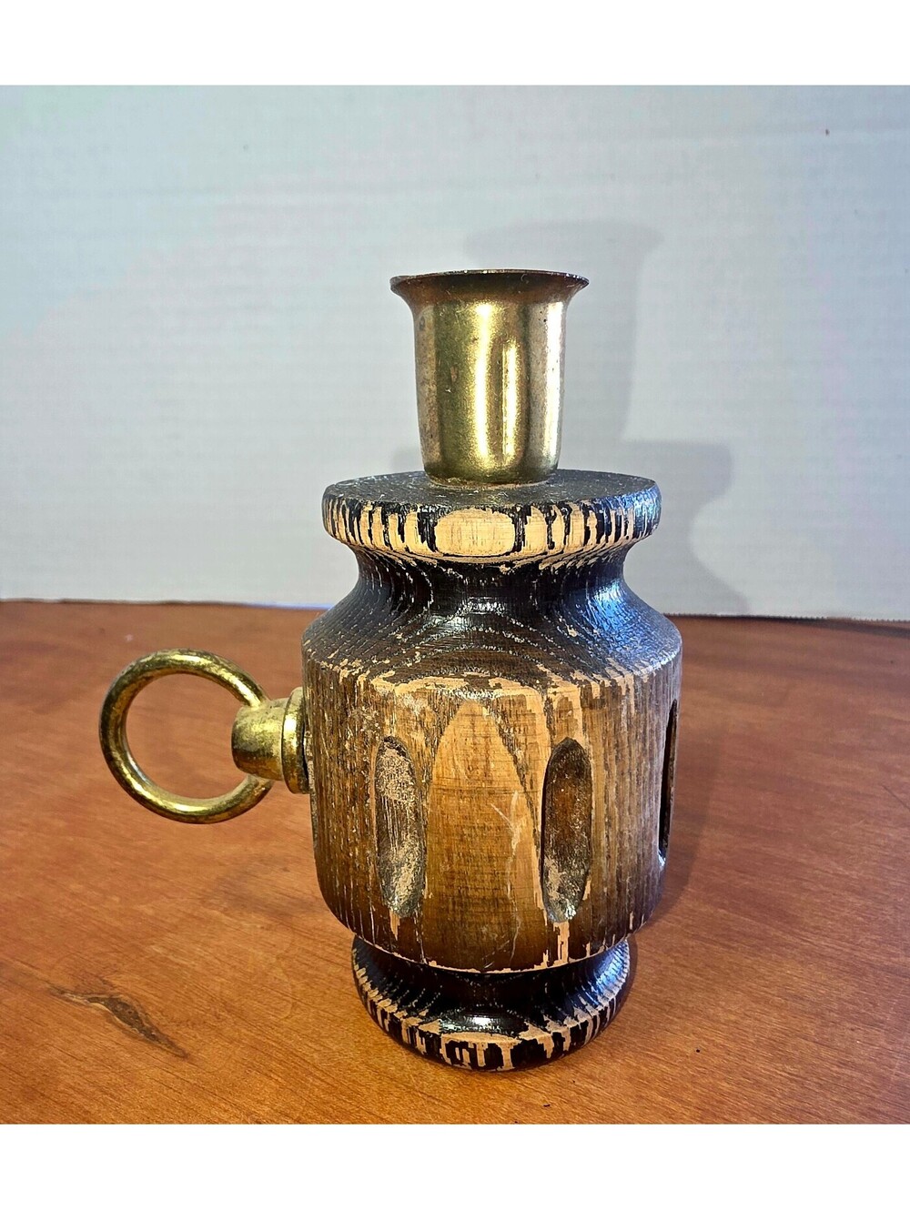 Vintage wooden and brass turned wood chamber stick candle holder